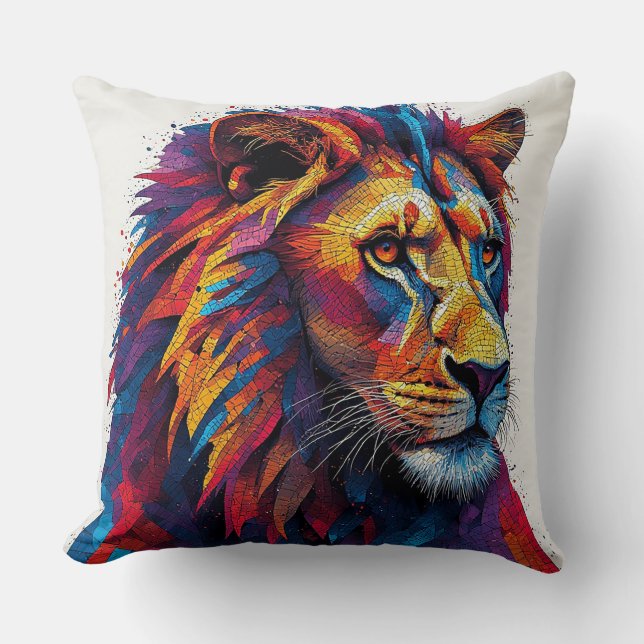 Colorful Mosaic Lion Sculpture Throw Pillow (Front)