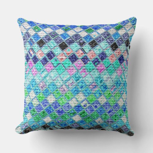 Colorful Mosaic Pattern Burlap Look 13 Throw Pillow