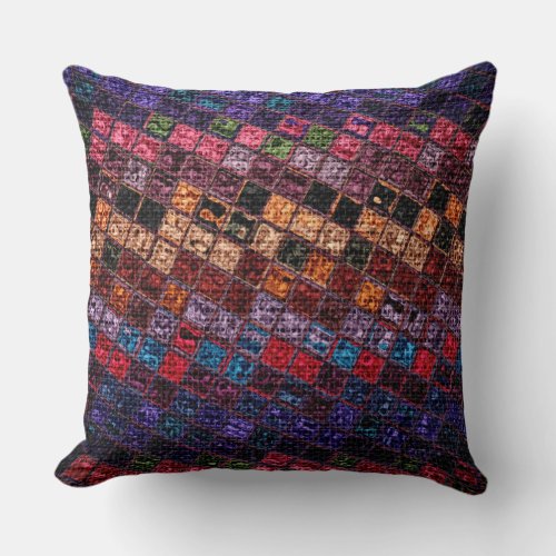 Colorful Mosaic Pattern Burlap Look 16 Throw Pillow