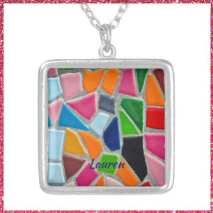 Colorful Mosaic Pattern    Silver Plated Necklace