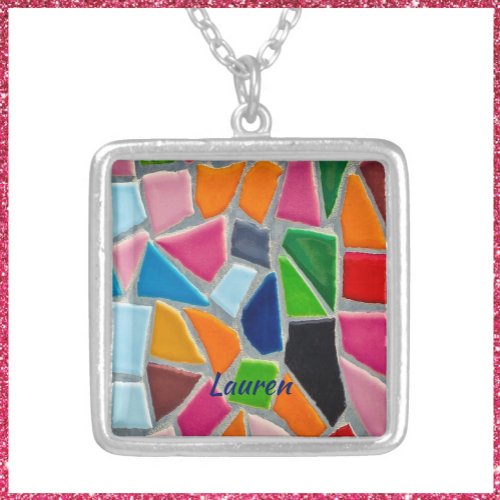 Colorful Mosaic Pattern    Silver Plated Necklace