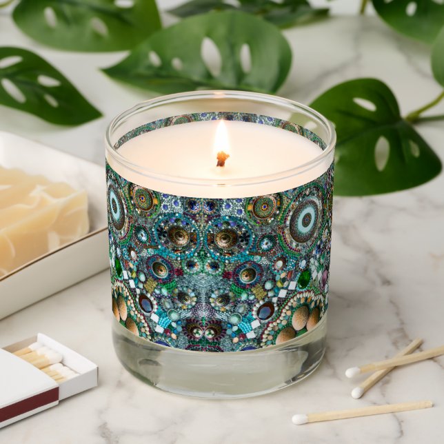 Colorful mosaic pattern with stones seashells scented candle (Lit)