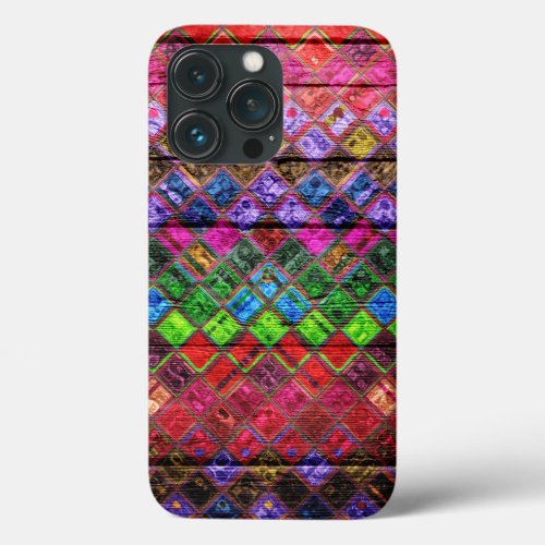 Colorful Mosaic Pattern Wood Look iPhone 13 Pro Case