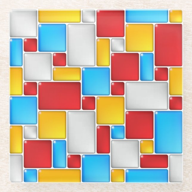 Colorful Mosaic Squares Glass Coaster (Front)
