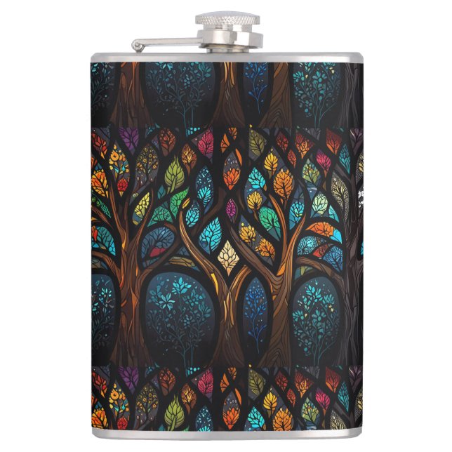 Colorful Mosaic Stained Glass Tree effect design Flask (Front)
