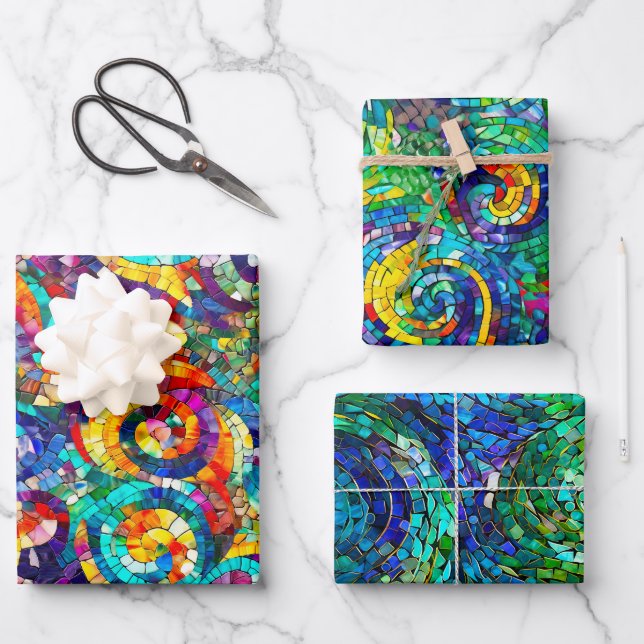 Colorful Mosaic Swirl Pattern Designs Wrapping Paper Sheets (Front)
