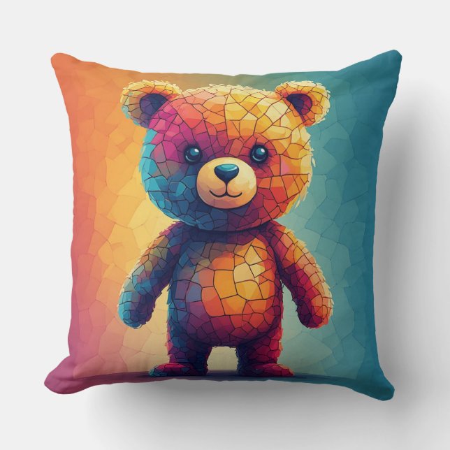 Colorful Mosaic Teddy Bear Throw Pillow (Front)