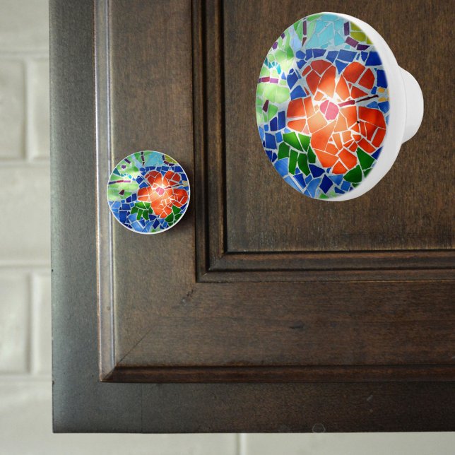 Colorful Mosaic Tile Koi Pond Red Flower Ceramic Knob (Creator Uploaded)