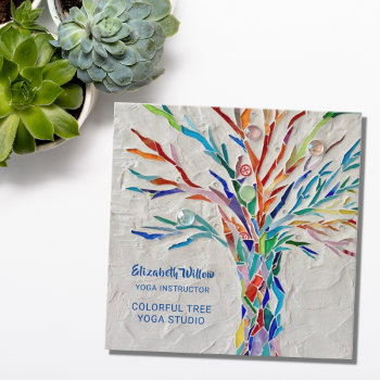 Colorful Mosaic Tree Yoga Studio Square Business Card by SewMosaic at Zazzle
