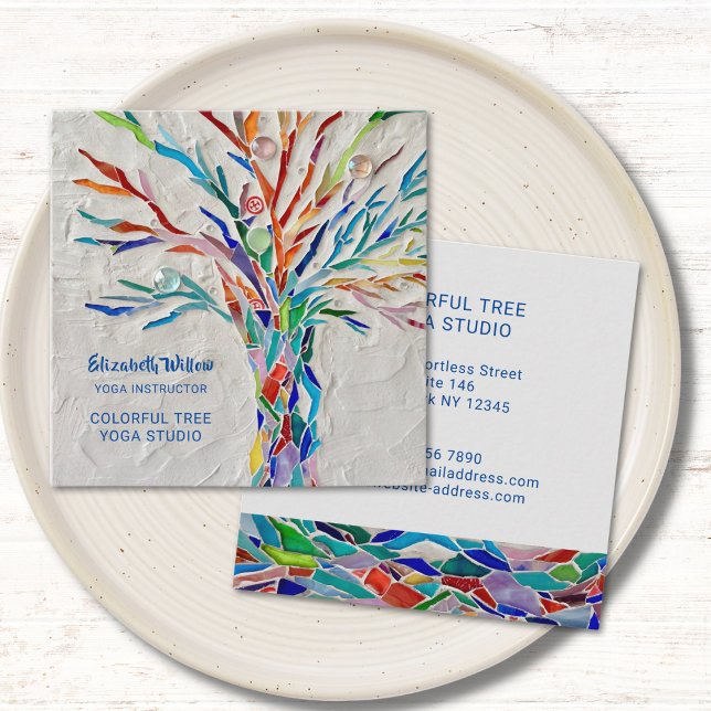 Colorful Mosaic Tree Yoga Studio Square Business Card (Creator Uploaded)