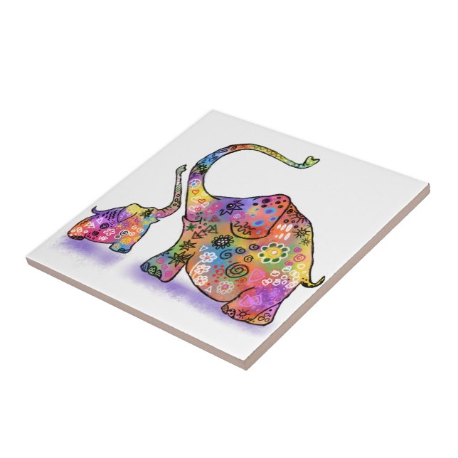 Colorful Mother and Baby Elephant Ceramic Tile (Side)