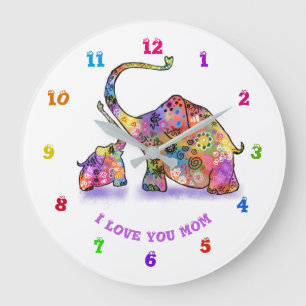 Colorful Mother and Baby Elephant Wall Clock