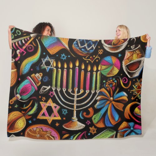 Colorful Motifs Hanukkah Menorah Fleece Blanket
