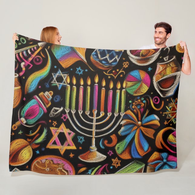 Colorful Motifs Hanukkah Menorah Fleece Blanket (In Situ)