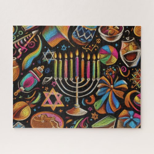Colorful Motifs Hanukkah Menorah Jigsaw Puzzle