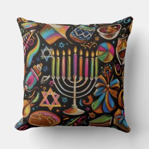 Colorful Motifs Hanukkah Menorah Throw Pillow