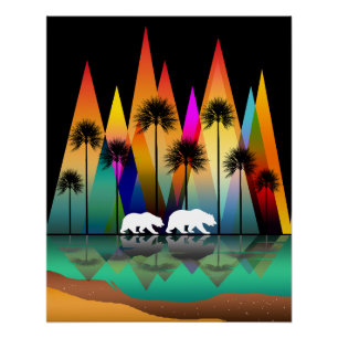 COLORFUL MOUNTAIN BEAR PALM TREES OCEAN POSTER