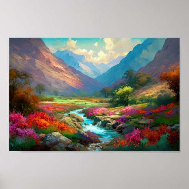 Colorful Mountain, Blue Skies, Flowers and River Poster (Front)