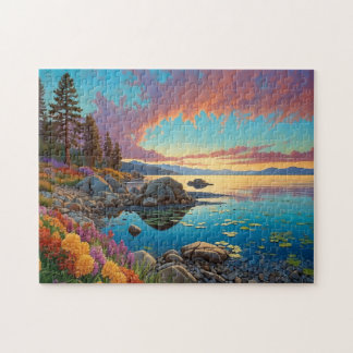 Colorful Mountain Lake Flowers Art Jigsaw Puzzle