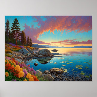 Colorful Mountain Lake Flowers Art Poster
