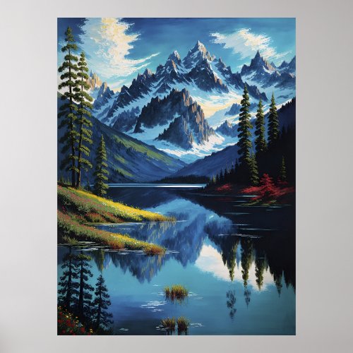 Colorful Mountain Lake Nature AI Generated Paintin Poster