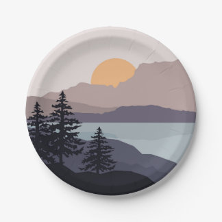 Colorful Mountain lake sunrise landscape Paper Plates