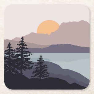 Colorful Mountain lake sunrise landscape Square Paper Coaster