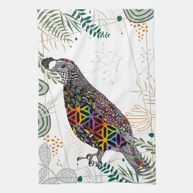 Colorful Mountain Quail Kitchen Towel (Vertical)