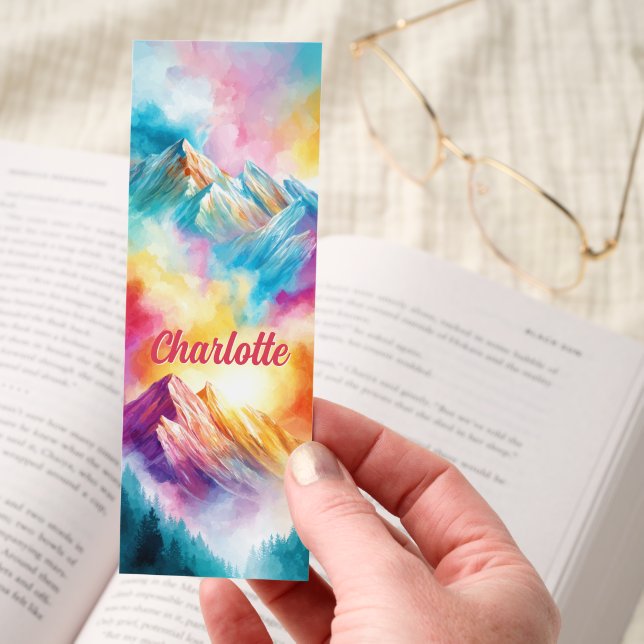Colorful Mountain Sunrise Forest Personalized Bookmarks (Hand)