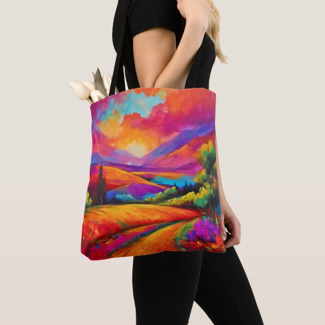 Colorful Mountain Sunset Landscape Painting Tote Bag (Close Up)