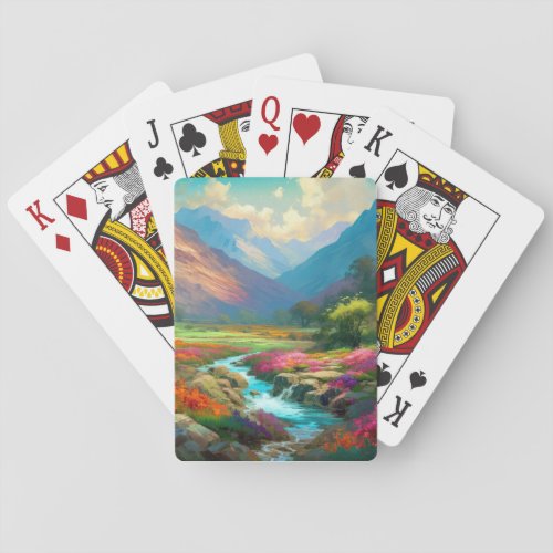 Colorful Mountain Valley Flowers and River Poster Playing Cards