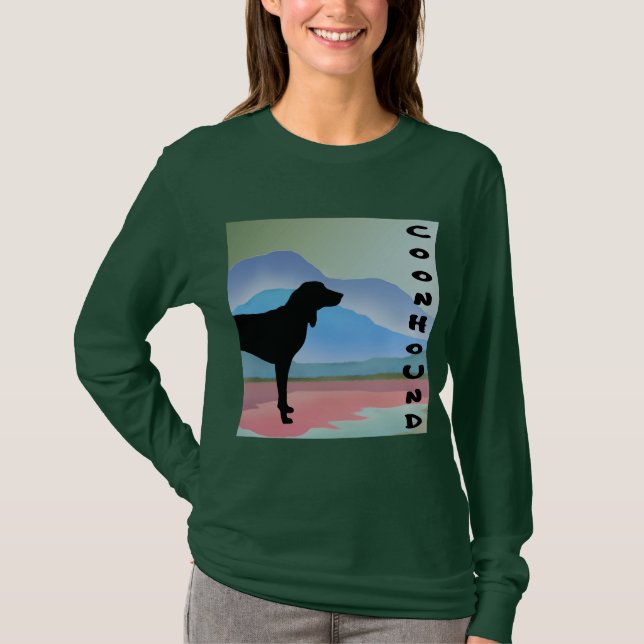 Colorful Mountains Coonhound (with text) T-Shirt (Front)