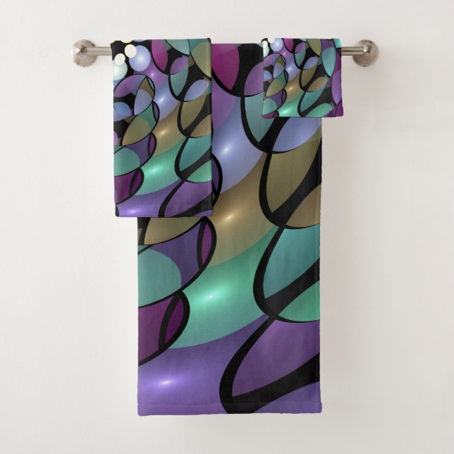 Colorful Movements Abstract Trippy Fractal Art Bath Towel Set (Insitu)