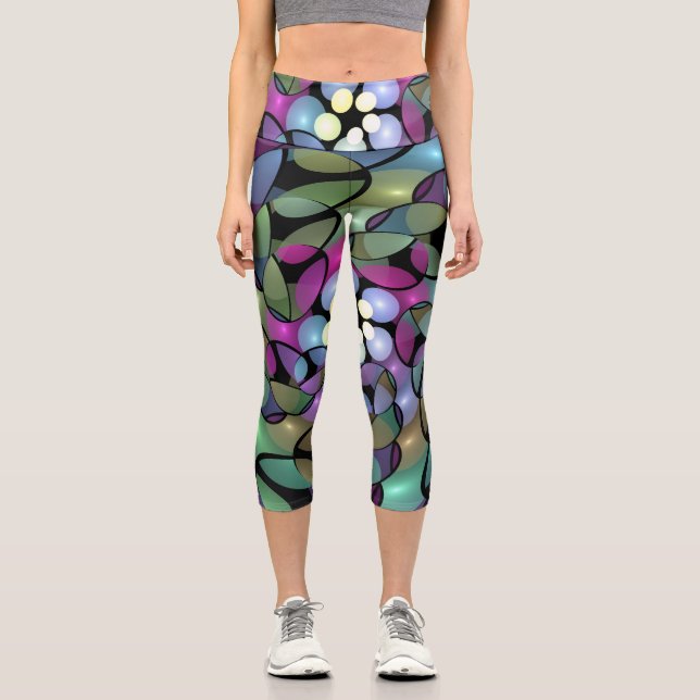 Colorful Movements Abstract Trippy Fractal Art Capri Leggings (Front)