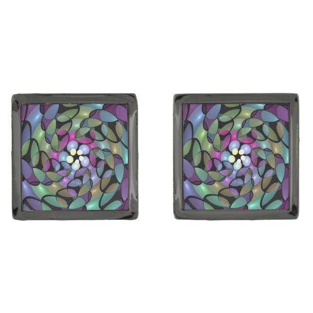 Colorful Movements Abstract Trippy Fractal Art Cufflinks (Front)