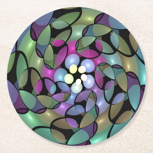 Colorful Movements Abstract Trippy Fractal Art Round Paper Coaster (Front)