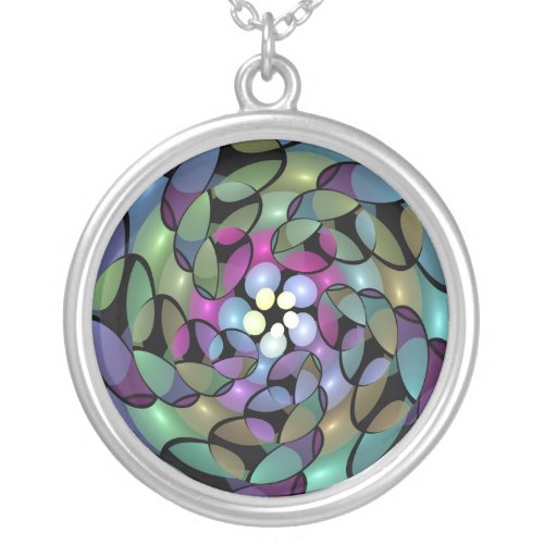 Colorful Movements Abstract Trippy Fractal Art Silver Plated Necklace
