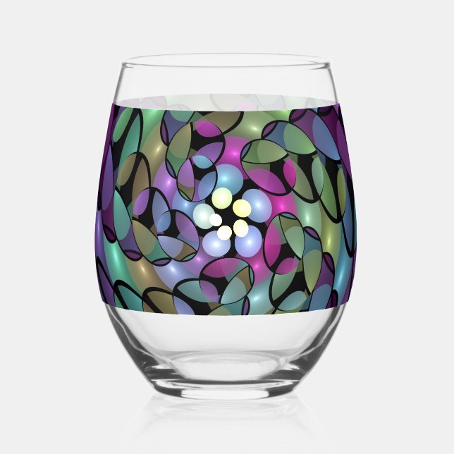 Colorful Movements Abstract Trippy Fractal Art Stemless Wine Glass (Front)