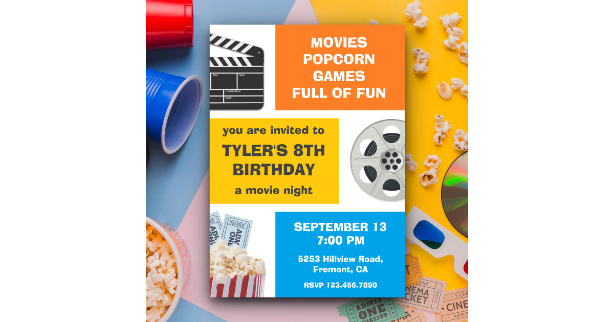 Colorful Movie Night Kids Birthday Party Invite | Zazzle