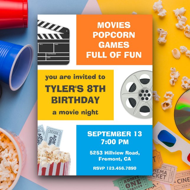 Colorful Movie Night Kids Birthday Party Invite