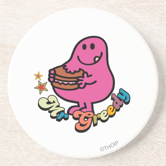 Colorful Mr. Greedy Eating Sandstone Coaster (Front)