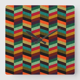 Colorful Multi-Colored Herringbone Pattern Square Wall Clock