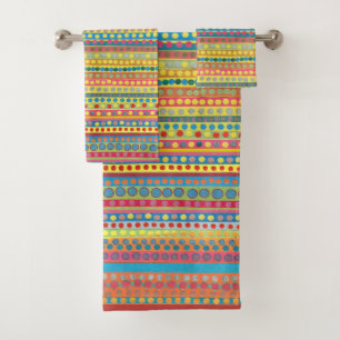 Colorful Multi Dots and Stripes Bath Towel Set