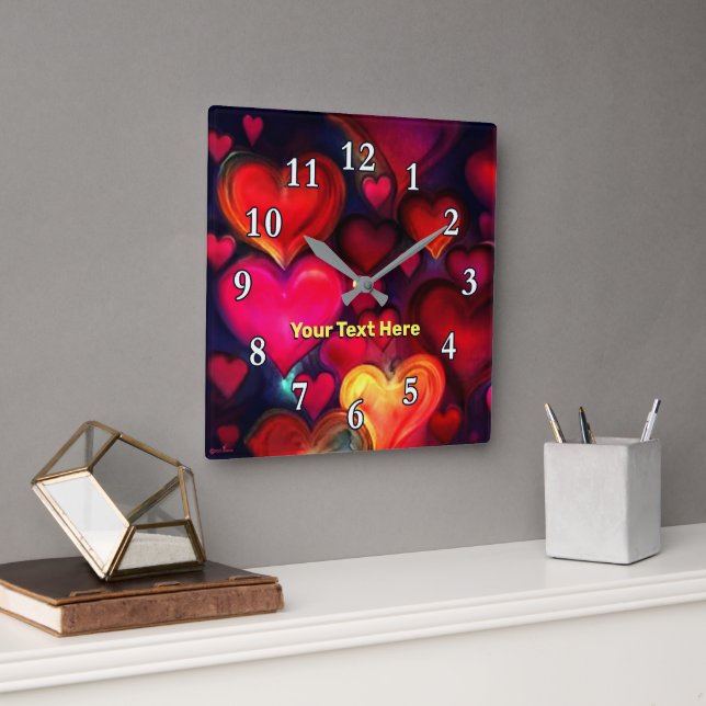 Colorful Multi Hearts Square Wall Clock (Office)