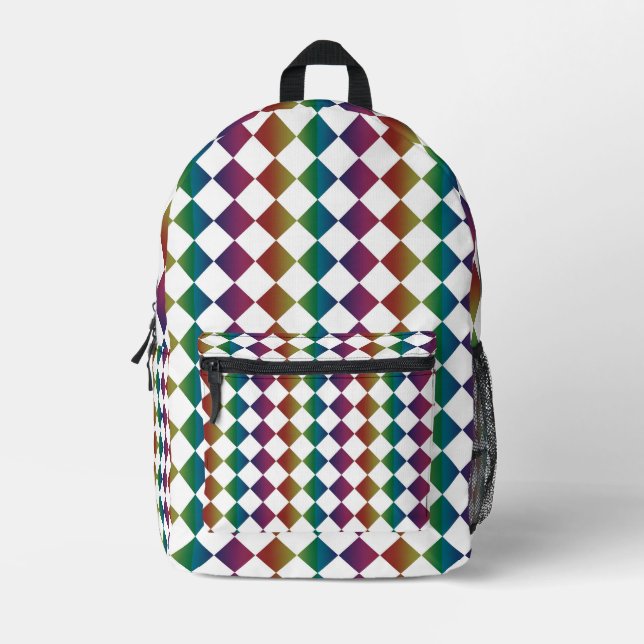 Colorful Multicolor Diamond Harlequin Checker  Printed Backpack (Front)