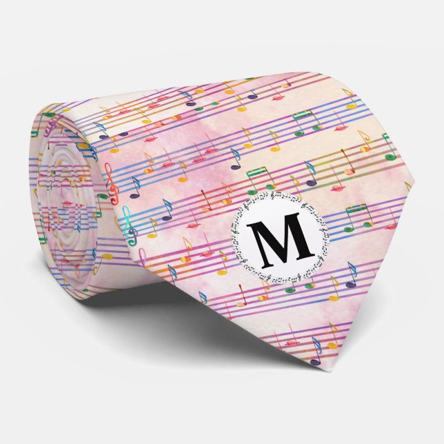 Colorful Multicolor Music Note  Monogram Musician Neck Tie (Rolled)