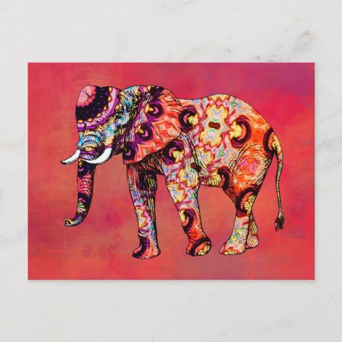 Colorful Multicolored Elephant on a Red Abstract Postcard