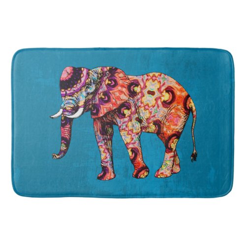 Colorful Multicolored Elephant on Blue Background Bathroom Mat