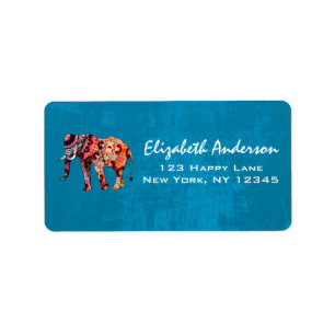 Colorful Multicolored Elephant on Blue Background Label