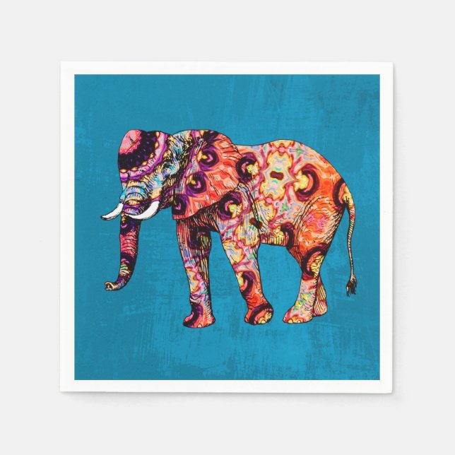 Colorful Multicolored Elephant on Blue Background Napkins (Front)